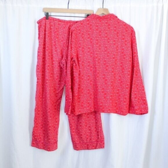 Victoria's Secret Cotton Flannel Red and Pink Logo Long Sleeve Pajama Set Large - Picture 3 of 9